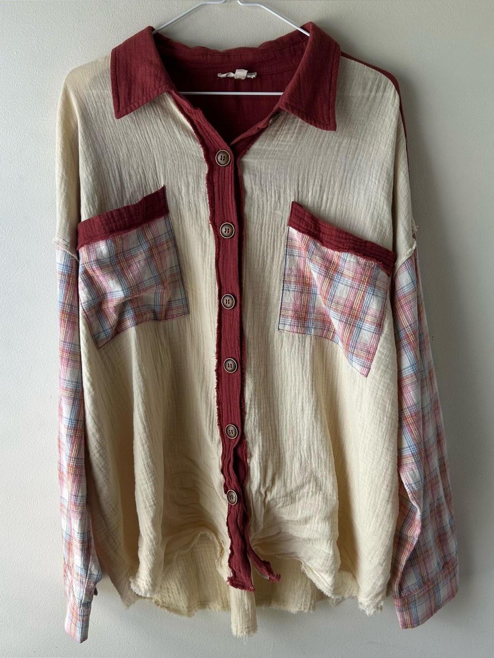 Easel Long Sleeve Button Up Contrasting Mixed Shirt Blouse Plaid Cream Rust L